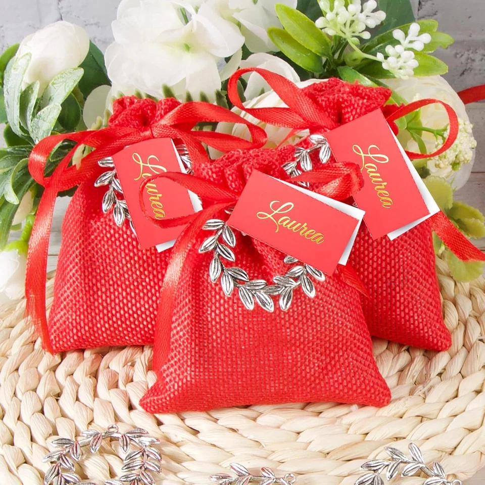 24Pz Bomboniere Laurea Sacchetti Portaconfetti Ciondoli Corona D'Alloro Sacchett - Immagine 4 di 4