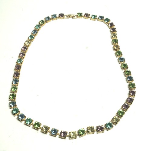 Vintage Pastell Bunte Strass Halskette - Rosa - Blau - Lavendel - Aqua + - Goldfarben - Bild 1 von 3
