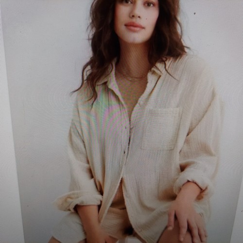 Aerie Gauze Tan Button Up Oversized Top, S