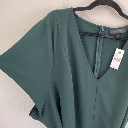 NEW $79 Lane Bryant Womens Plus 28 Green Short Sleeve V Neck Dress Waist Tie - Picture 4 of 9
