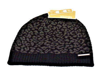 Michael Kors Metallic Leopard Knit Beanie Hat Black Silver 