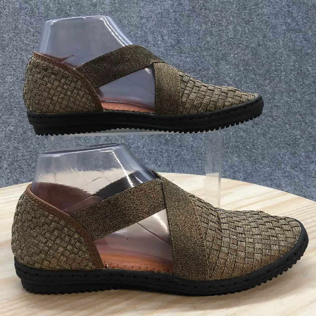 Bernie Mev Shoes Womens 38 Cross Strap Woven Slip On Flats Gold Textile Stretch