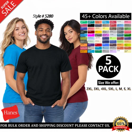 5 Pack Hanes Essential 100% Cotton Adult 5.2 oz. Cotton T-Shirt - 5280 - product listing photo