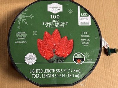 NEW! Holiday Time 100 Count RED LED Super Bright C9 Lights GREEN WIRE 59.6 FT