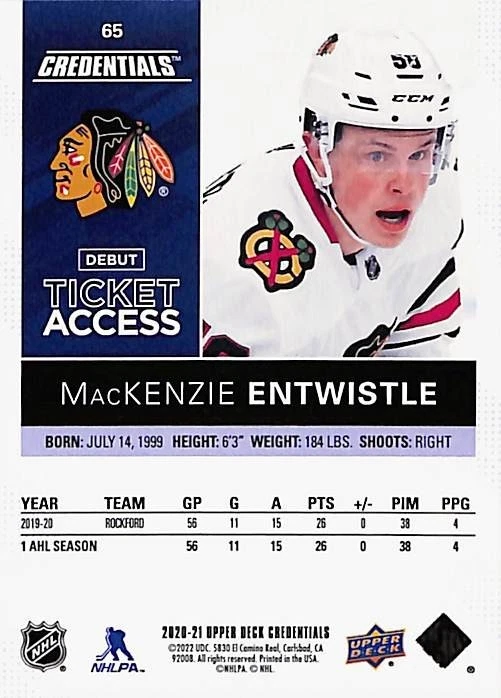 2020-21 Upper Deck Credentials Debut Ticket Access MacKenzie Entwistle #02/10 RC - Image 3 of 4