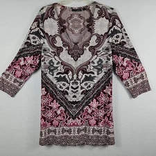 Attitudes by Renee Tunic Top Womens XL Pink Brown Boho Print 3/4 Sleeve Stretch