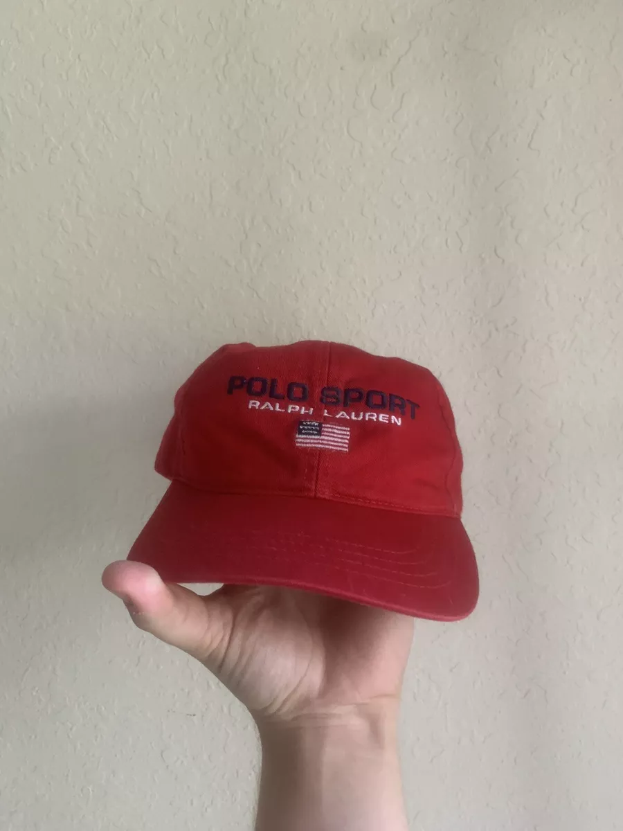 Rare Vintage POLO SPORT Ralph Lauren Spell Out USA Flag Hat Cap 90s Red