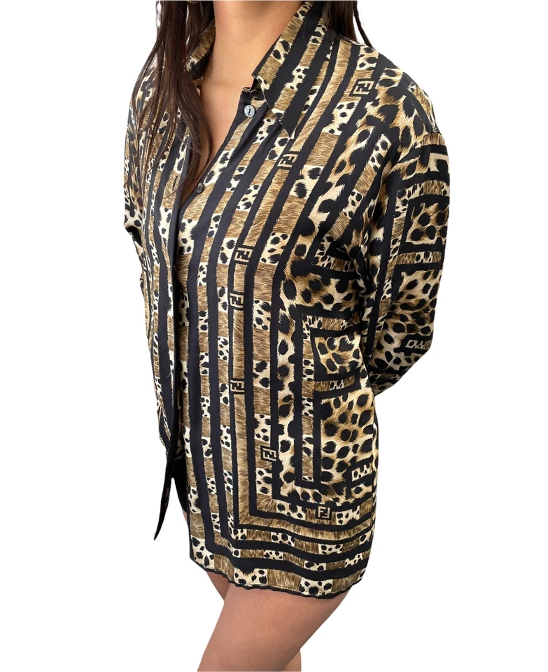 Camisa Top FENDI Vintage Big FF Zucca Logo Seda Leopardo Marrón Negro Seda Rango AB Foto 2 de 4