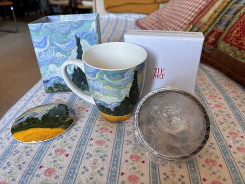 NEW Porcelain Van Gogh Covered Mug w/ Tea Infuser Wheat Field Cypresses The Met - Picture 13 of 13