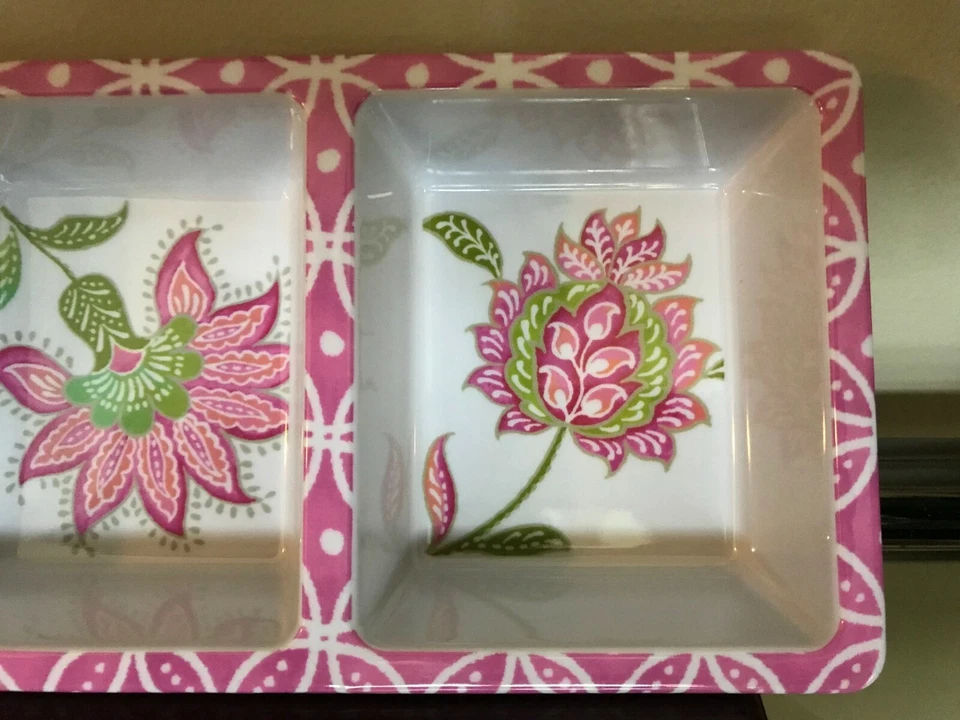 Cynthia Rowley NY Melamina BANDEJA PARA SERVIR FLORAL 3 Compartimentos Servidor 14-3/4" Largo Foto 4 de 4