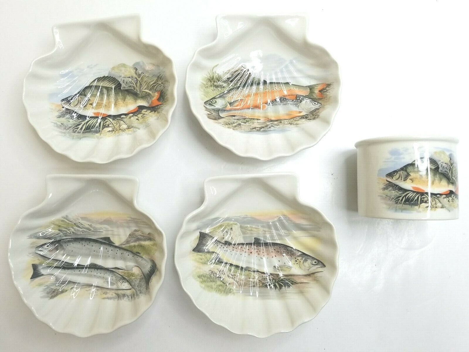 5 Pc Portmeirion Compleat Angler Shell Shaped Dishes Drum Bowl Fish England  Lot