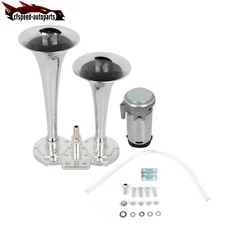 For Car Truck Chrome Dual Trumpet Compact Train Air Horn Kit 135dB 12 volt 12v