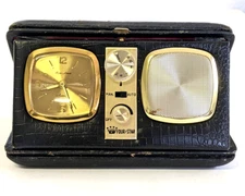 Vintage Four Star Travel Alarm Clock & Radio In Genuine Leather Case 