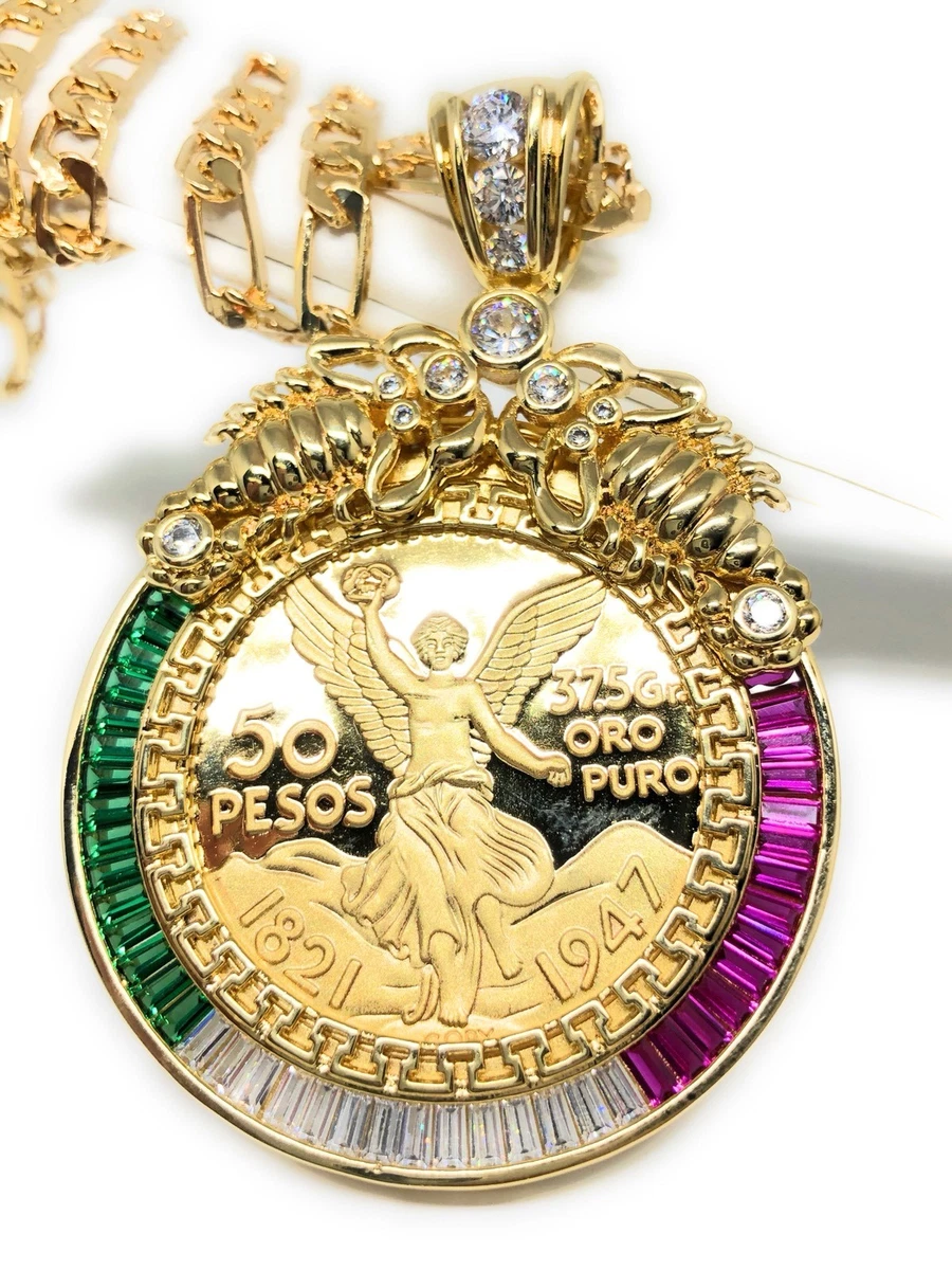 Gold Pl Coin Centenario Mexicano Moneda 50 Pesos Pendant Chain CZ