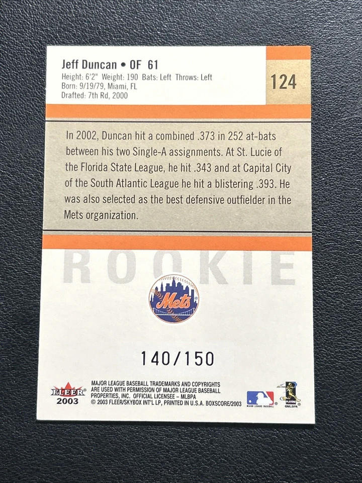 2003 Fleer Box Score JEFF DUNCAN RC First Edition #'d 140/150 #124 - Image 2 of 2