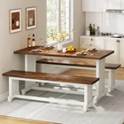 Farmhouse Kitchen Table Set for 4, 47-Inch Wooden Dining Table with 2 Benches