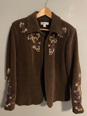 Coldwater Creek Womens Jacket 16 Brown Embroidered Beaded Floral Cottagecore