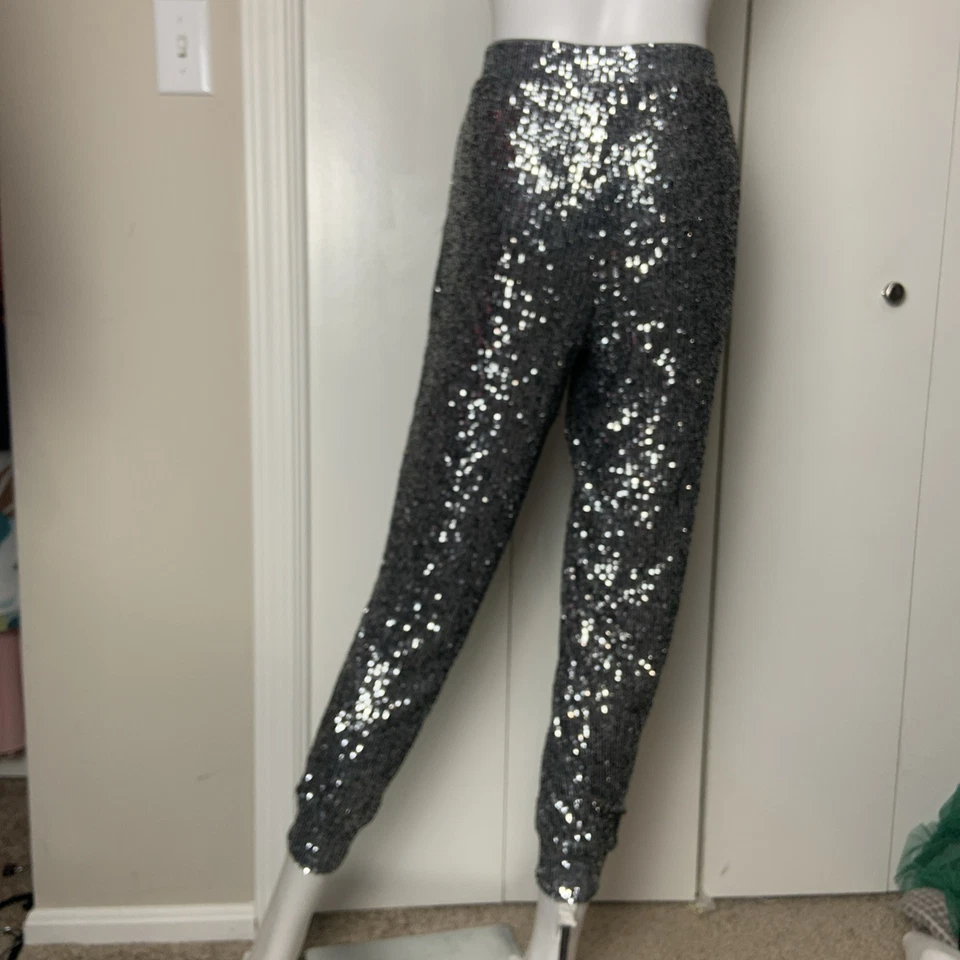 Pantalones de lentejuelas de cable y calibre pequeños gris plateado elásticos para mujer NYE Foto 2 de 4