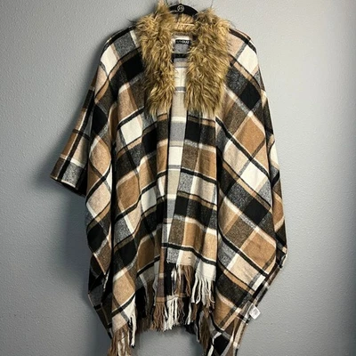 Quiz Plaid Poncho Cape Faux Fur Collar Fringe Hem One Size Brown Black White - Image 1 of 4