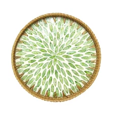 Round Rattan Tray with Mother of Pearl Inlay, Decorative Rattan Serving Tray ...