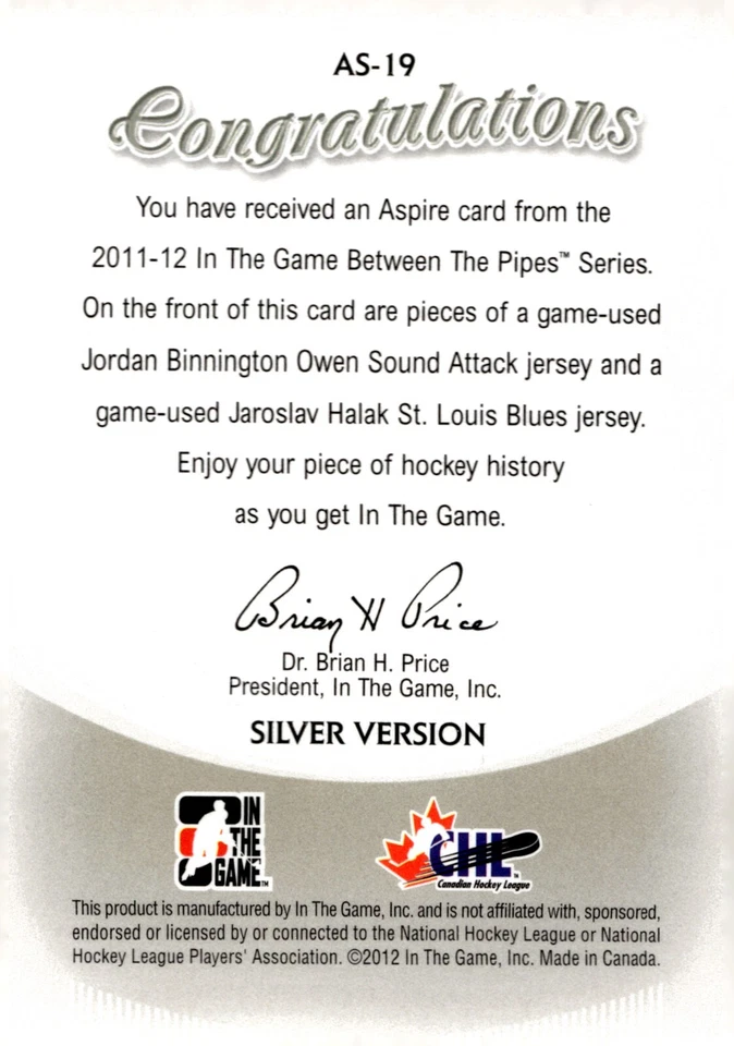 Binnington/Halak - 2011-12 In The Game Between The Pipes Dual Jersey Card #AS-19 - Image 2 of 2