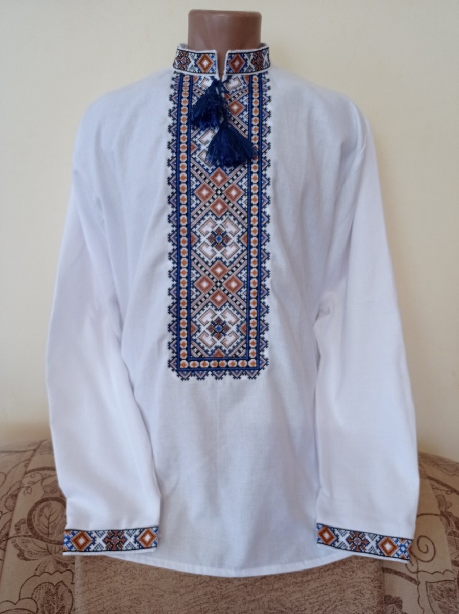 Chemise Brodée Ukrainienne Pour Homme – Bleu Foncé – Vyshyvanka Neuve – Style Traditionnel Ornementé – Taille Unique Ou Ajustable