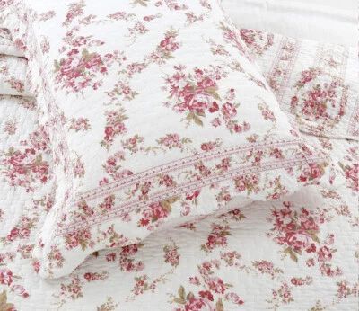 COZY COTTAGE PINK VINTAGE ROSE 3pc Queen QUILT SET : COTTON CHIC SHABBY COTTAGE COZY GARDEN