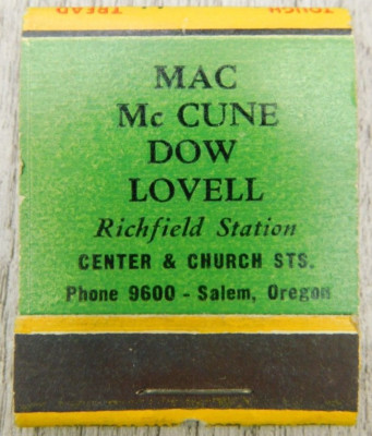 Mac Mc Cune Dow Lovell Richfield Station Salem Oregon Unstruck Vintage Matchbook