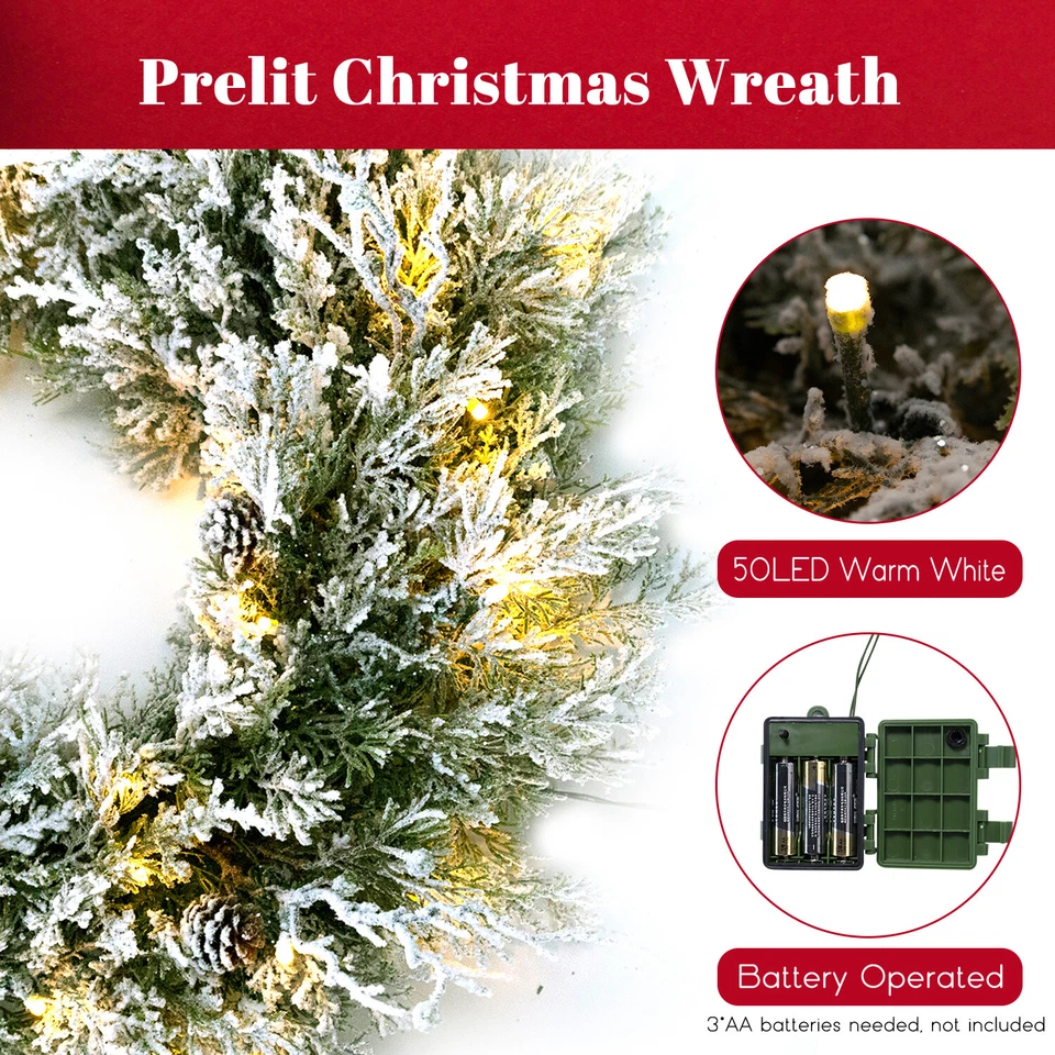 24” Pre-lit Snow Flocked Christmas Wreath Artificial With Lights Xmas Decoration - Image 3 of 4