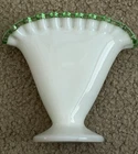 Vintage Fenton White Milk Glass Vase Green Ruffled Edge