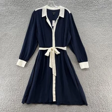 Talbots Dress 16 Petite Navy White Shirt Dress Classic Retro Fit Flare Career