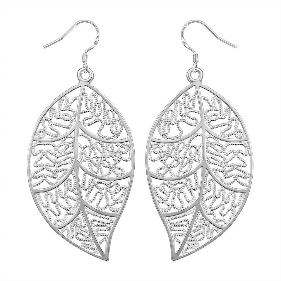 Nuevos al por mayor impresionantes pendientes de hoja de filigrana rellenos de plata de ley 925 Foto 4 de 4