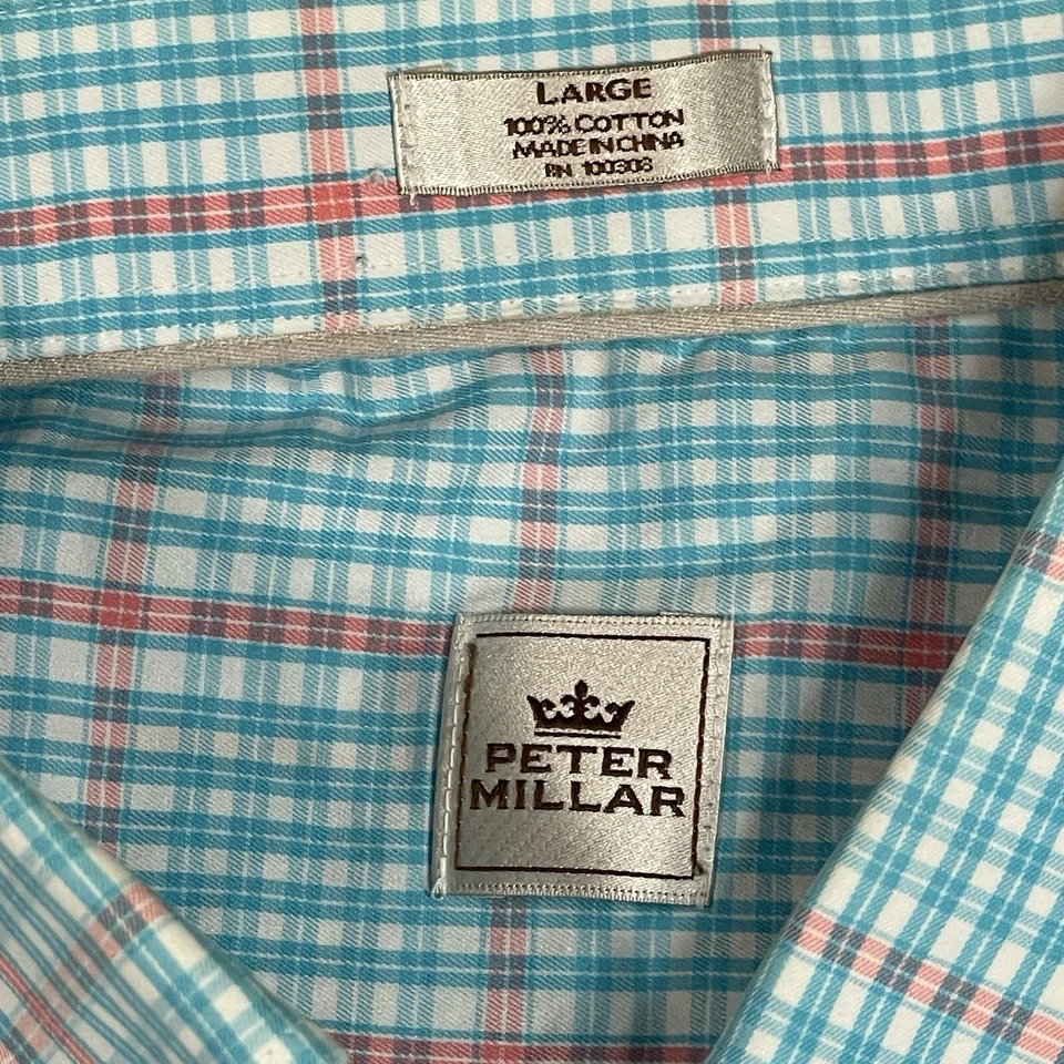 Peter Millar 100% Cotton Casual Dress Shirt Plaid Button Down Blue Pink Large - Image 3 of 4