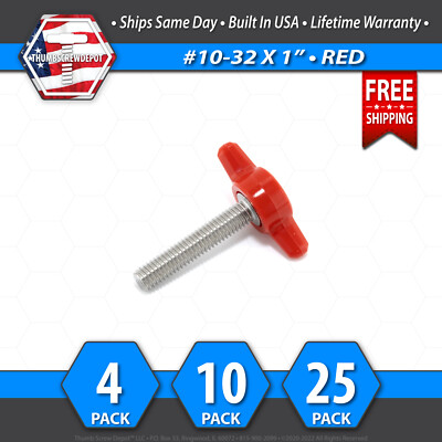 #10-32 x 1'' Thumb Screw Stainless Steel - Red Tee / Wing Knob - USA