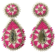 Handmade Pink White Color Beaded Teardrop Post Earrings