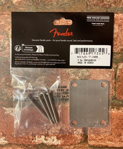 Placa de Cuello Fender, Estampada "F" 4 Pernos Estilo Vintage Años 70 en Cromo - Strat & Tele - Imagen 2 de 3