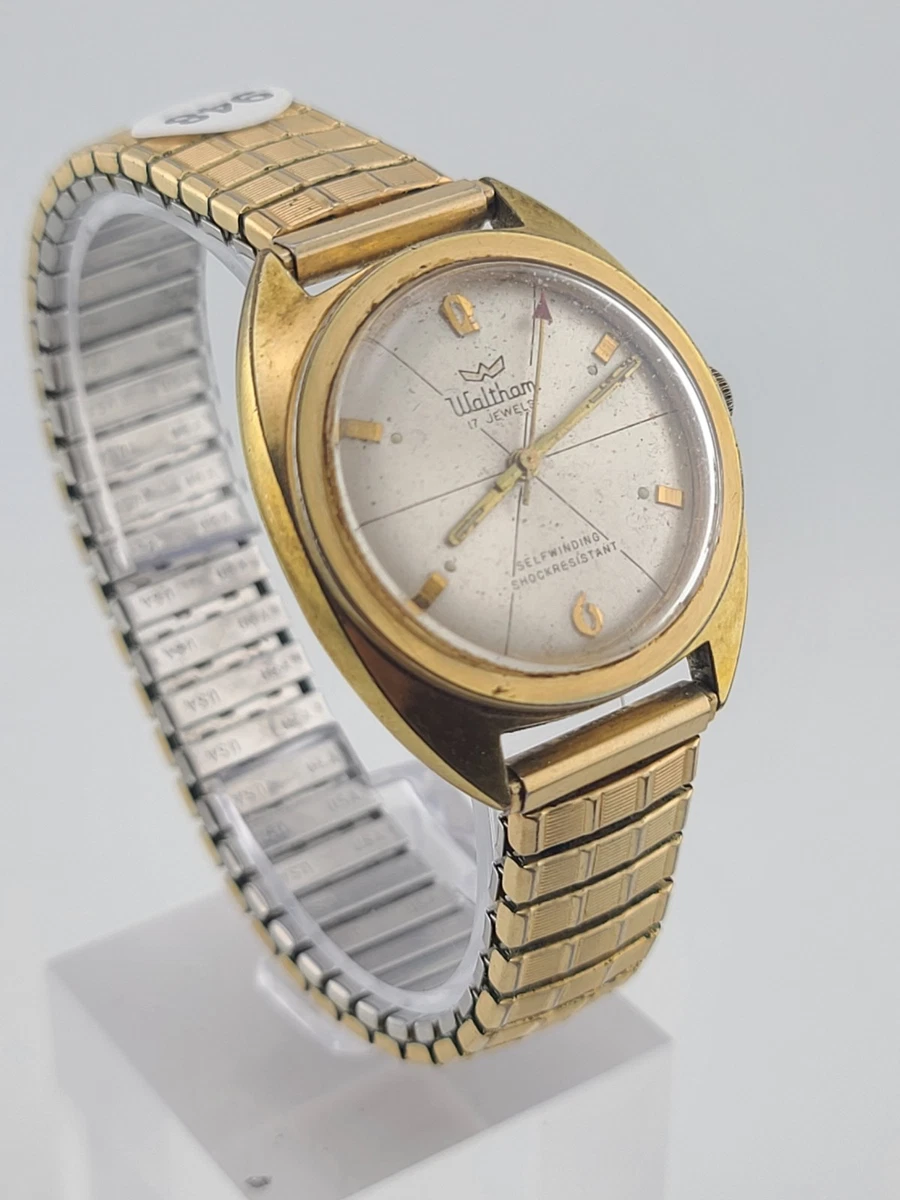 Waltham 17 Jewels Shock Resistant 1970's Watch Sunburst Mens Gold