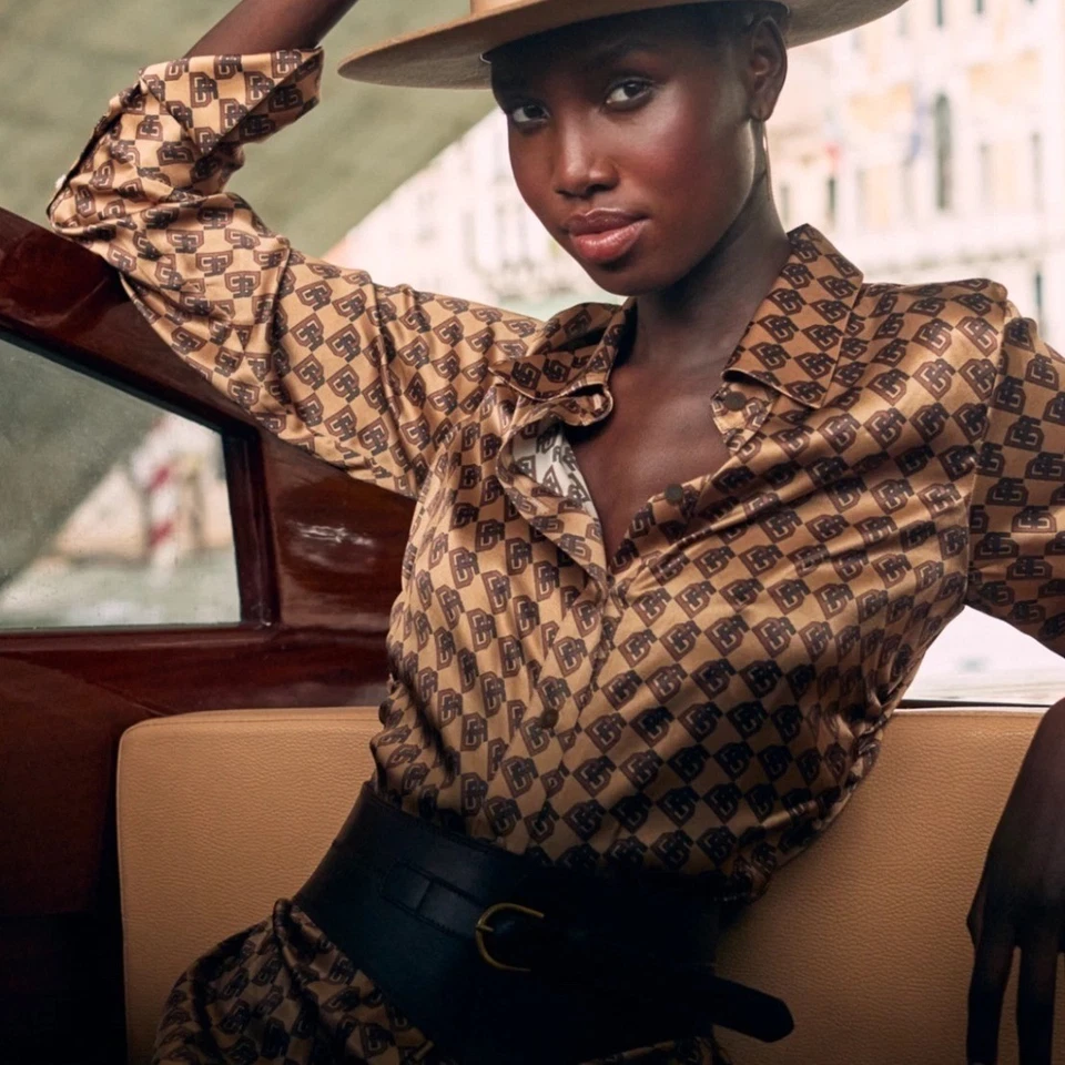 Banana Republic 100% Silk Monogram Print Button Down Midi Shirt Dress Size Small - Image 2 of 4