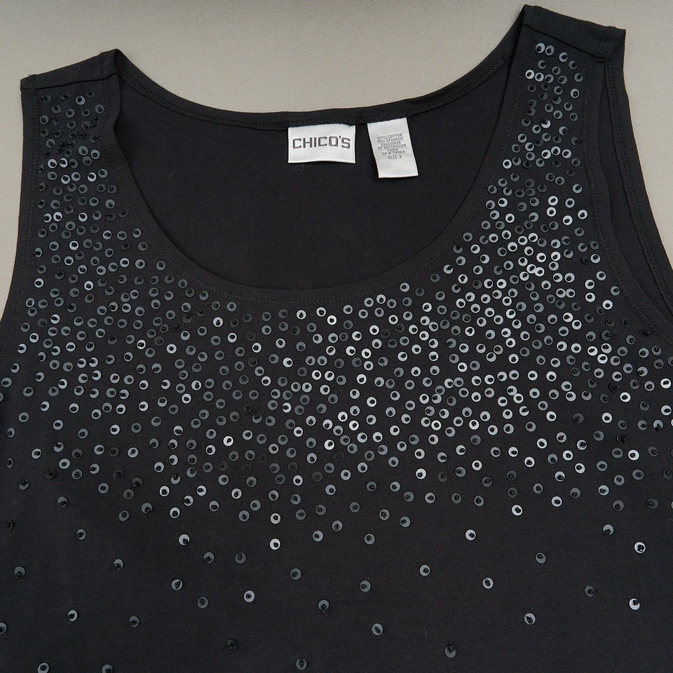 Camiseta sin mangas Chico's para mujer 3 negra algodón elástico con cuentas Foto 2 de 4