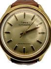 Vintage Timex Viscount Automatic Gold Tone Gold Dial Brown Leather Strap