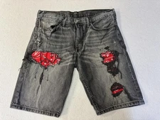 Levis 522 Denim Shorts Mens 34 Black Distressed Ripped Bandana Patch Streetwear