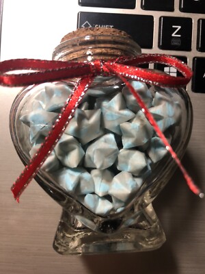 Glow In The Dark Origami Lucky Stars In Heart Shaped Jar (Blue) 3x3in Gift