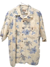 Island Paradise Mens Shirt XL Hawaiian Yellow 100% Silk Palm Trees Floral Button