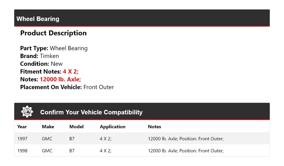 Cojinete exterior delantero Timken para GMC B7 1997-1998 4 X 2 ruedas Foto 2 de 4