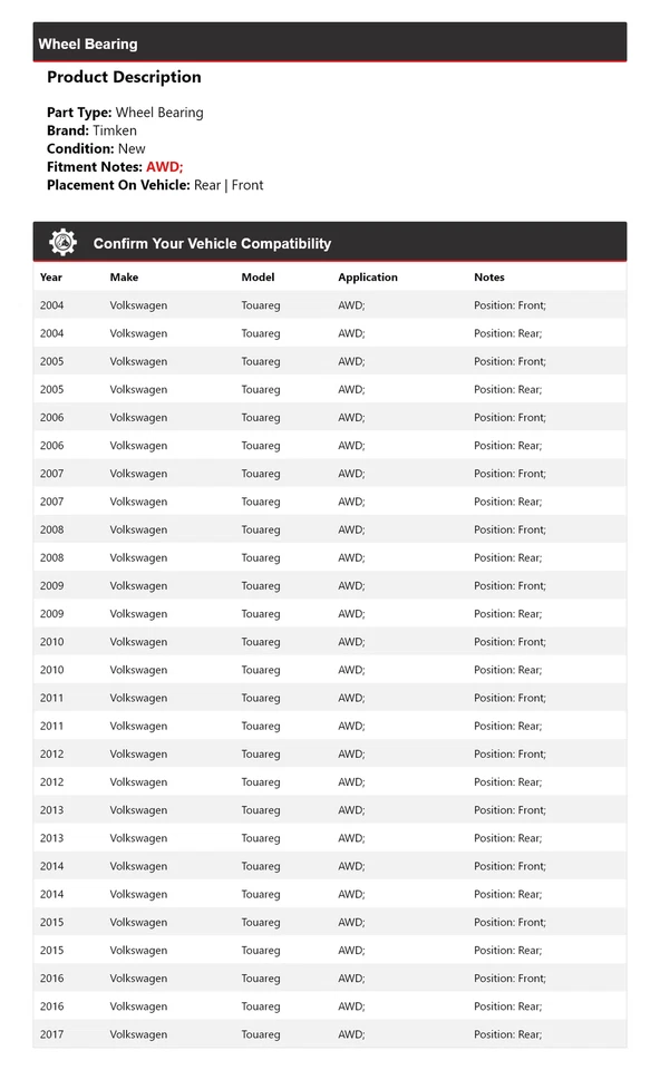 Cojinete de rueda Timken 2005 2006 2007 2008 para Volkswagen Touareg 2004-2017 AWD Foto 2 de 4