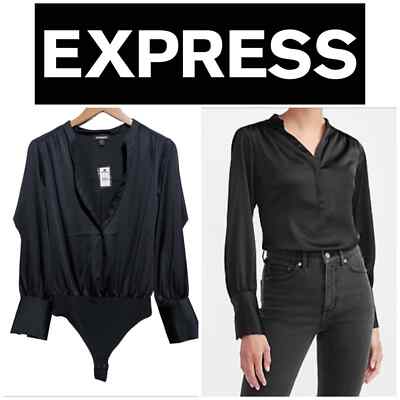 Express Satin-Look Long Sleeve Button-Up Bodysuit
