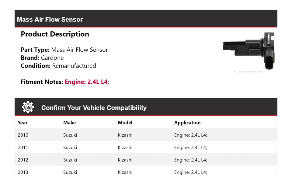 Sensor de flujo de aire de masa Cardone 2011 2012 para Suzuki Kizashi 2010-2013 2,4 L L4 Foto 2 de 4