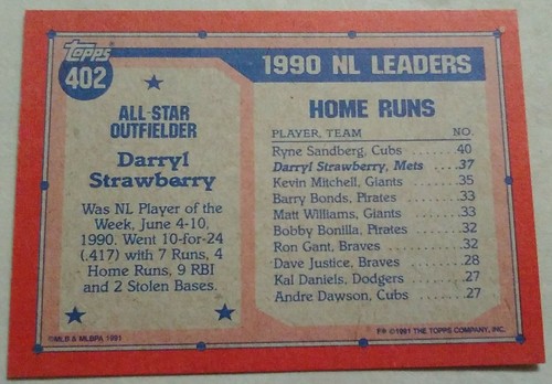 1991 Topps Darryl Strawberry All Star National League Card 402 EBay