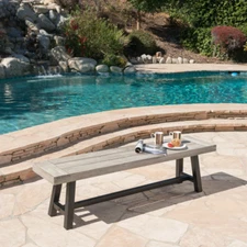 Light Grey Sandblast Acacia Wood Dining Bench - Black Rustic Metal Frame