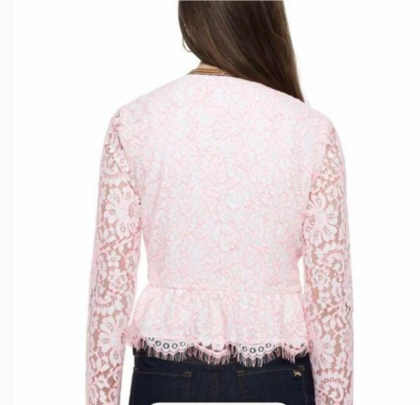 Y2K Juicy Couture Pink Neon Corded Lace Zip Jacket Peplum Frayed Crop Top 2 - Image 4 of 4